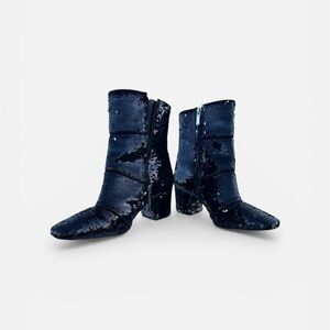 Ava & Aiden Dark Blue Sequined Block Heel Ankle Boots